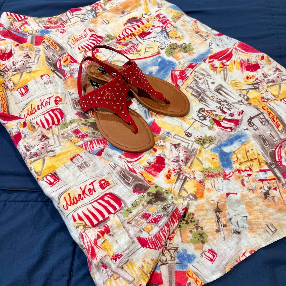 Liz Claiborne linen A-line midi skirt retro Paris market graphic print.